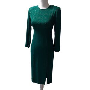 Carol Anderson Petites Sheath Dress Womens Size 4 Green Embroidered Long Sleeve